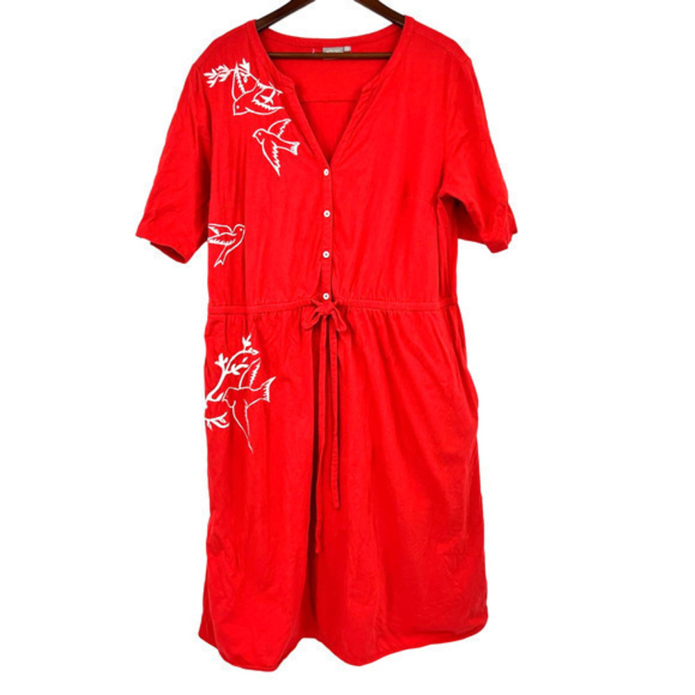 Eshakti bird print red pullover button front elastic waist dress plus size 2X